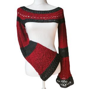 Handmade Knit & Crochet Bolero Shrug – Red & Black Flared Sleeve Top